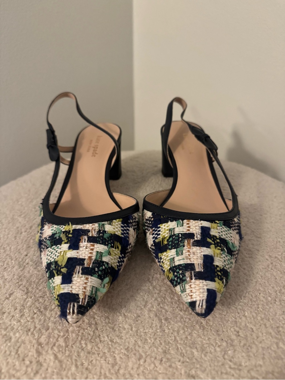 kate spade Navy Multi Tweed Pointed Slingback Heels